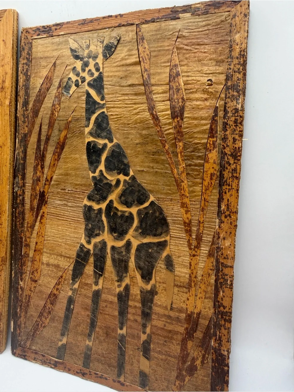 Vintage Kenya Banana Leaf Art Set Giraffe Mother & Baby African Wall Decor